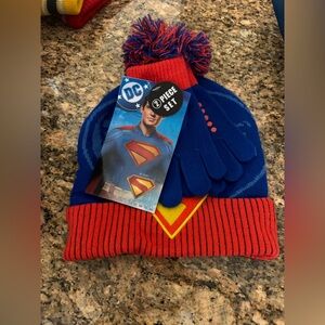 Superman Pom Beanie Hat and Gloves Set, 2-Piece